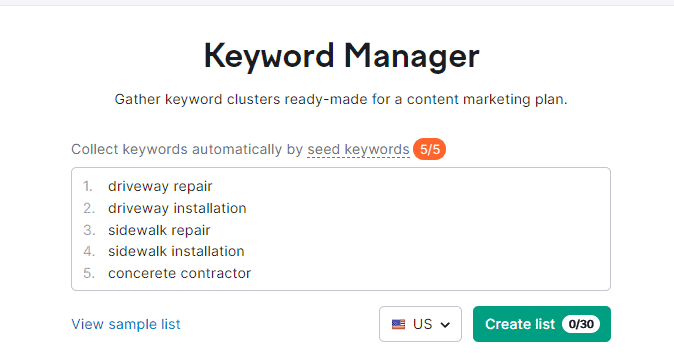 Semrush Keyword Manager keyword selection