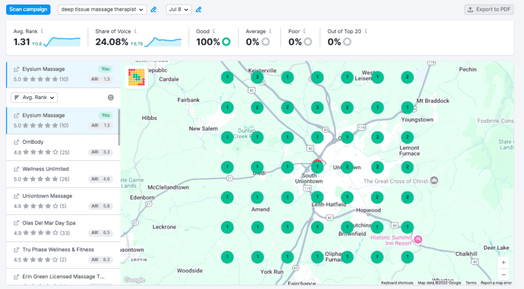 Map Rank Tracker Heatmap Elysium Massage - Massage Therapy Marketing