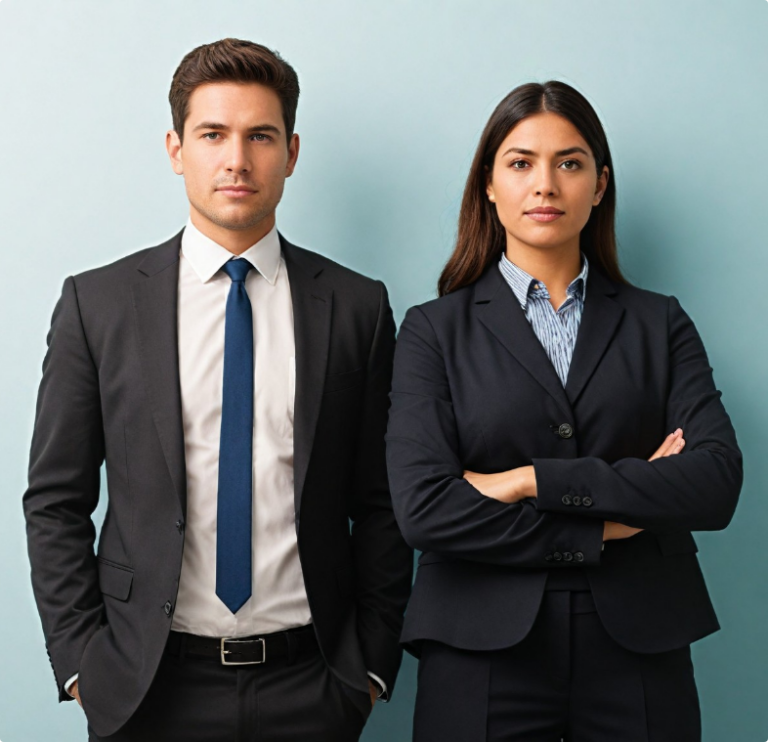 A man and a woman wearing business suits