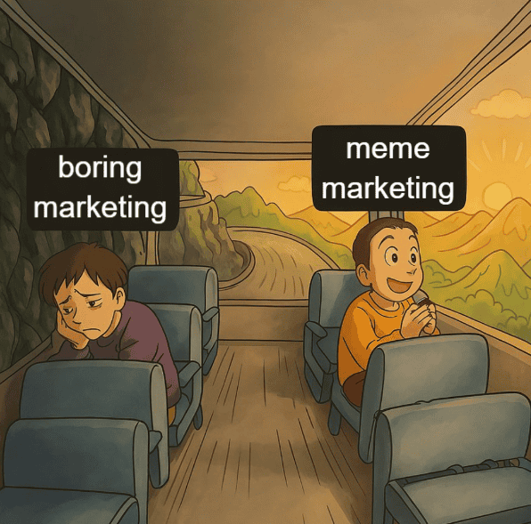 meme showing 2 animated guys on opposite sides of a bus. sad guy is boring marketing. meme marketing is looking out the window excitedly.