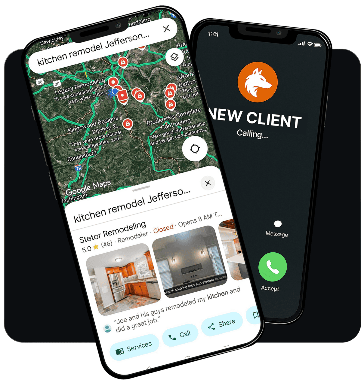 Screen shot of home services marketing agency results: Stetor Remodeling ranking in the number 1 spot on Google Maps for "kitchen remodel Jefferson Hills", a high value search phrase.