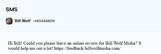 SMS message text example for how to ask customers for reviews