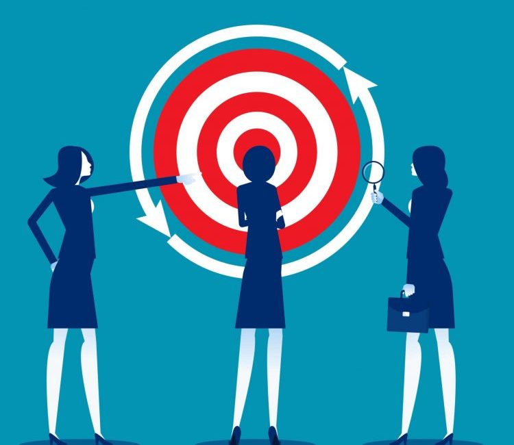 Illustration of 3 business women standing while looking at a bullseye.